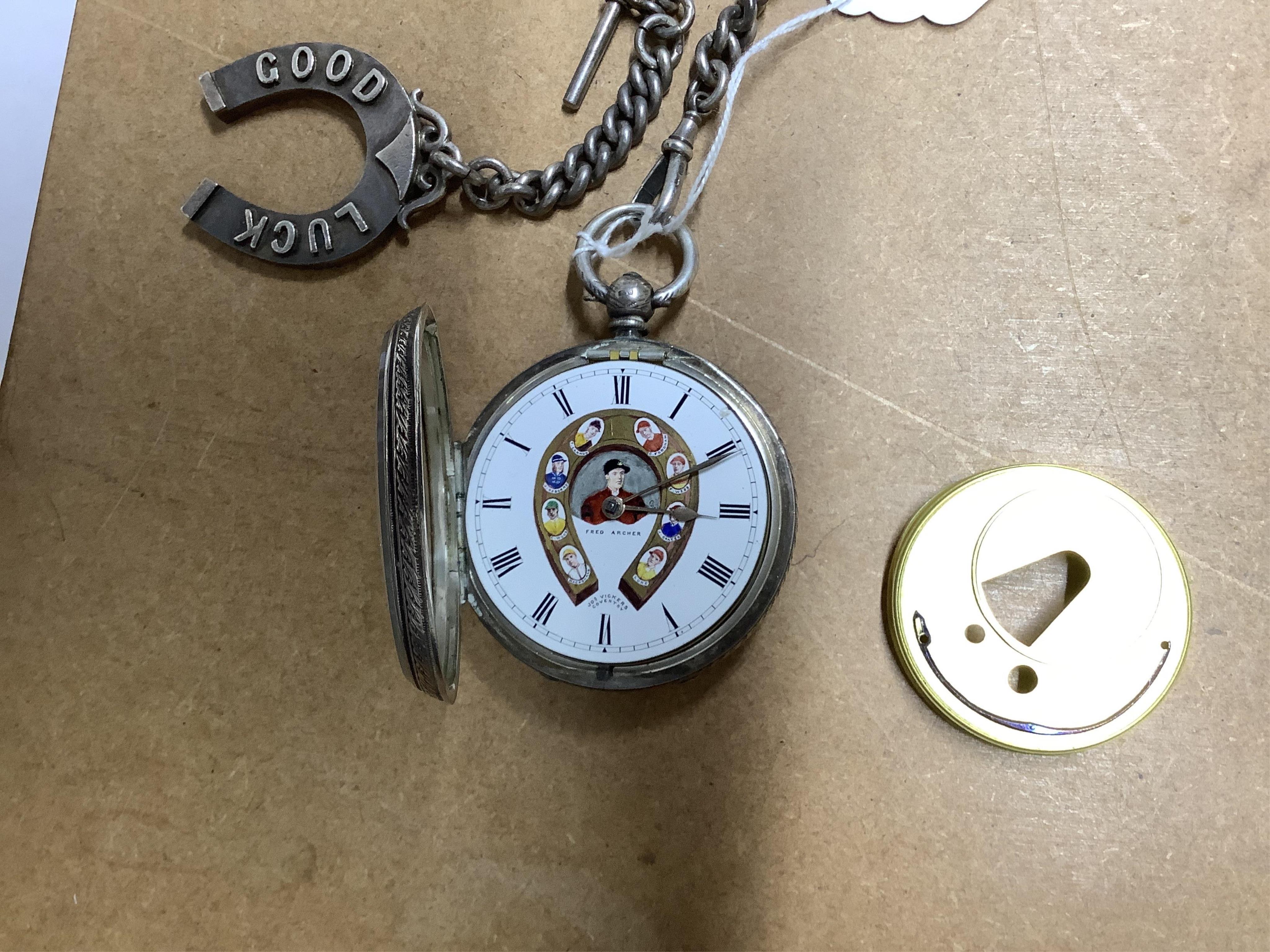 A late Victorian Horse Racing related engraved silver open faced keywind pocket watch, by J. Vickers, Leicester Road, Coventry, the enamelled dial with a signed painted bust of the jockey Fred Archer to the centre and fl